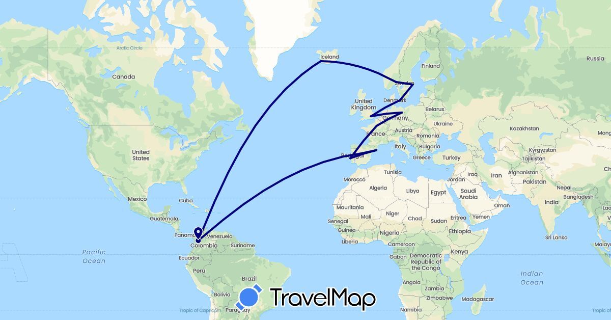 TravelMap itinerary: driving in Colombia, Germany, Denmark, Spain, France, United Kingdom, Iceland, Norway, Portugal, Sweden (Europe, South America)